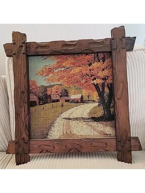 Vintage Framed Autumn Country Farm Landscape Linen Art - Signed R. Batchelder